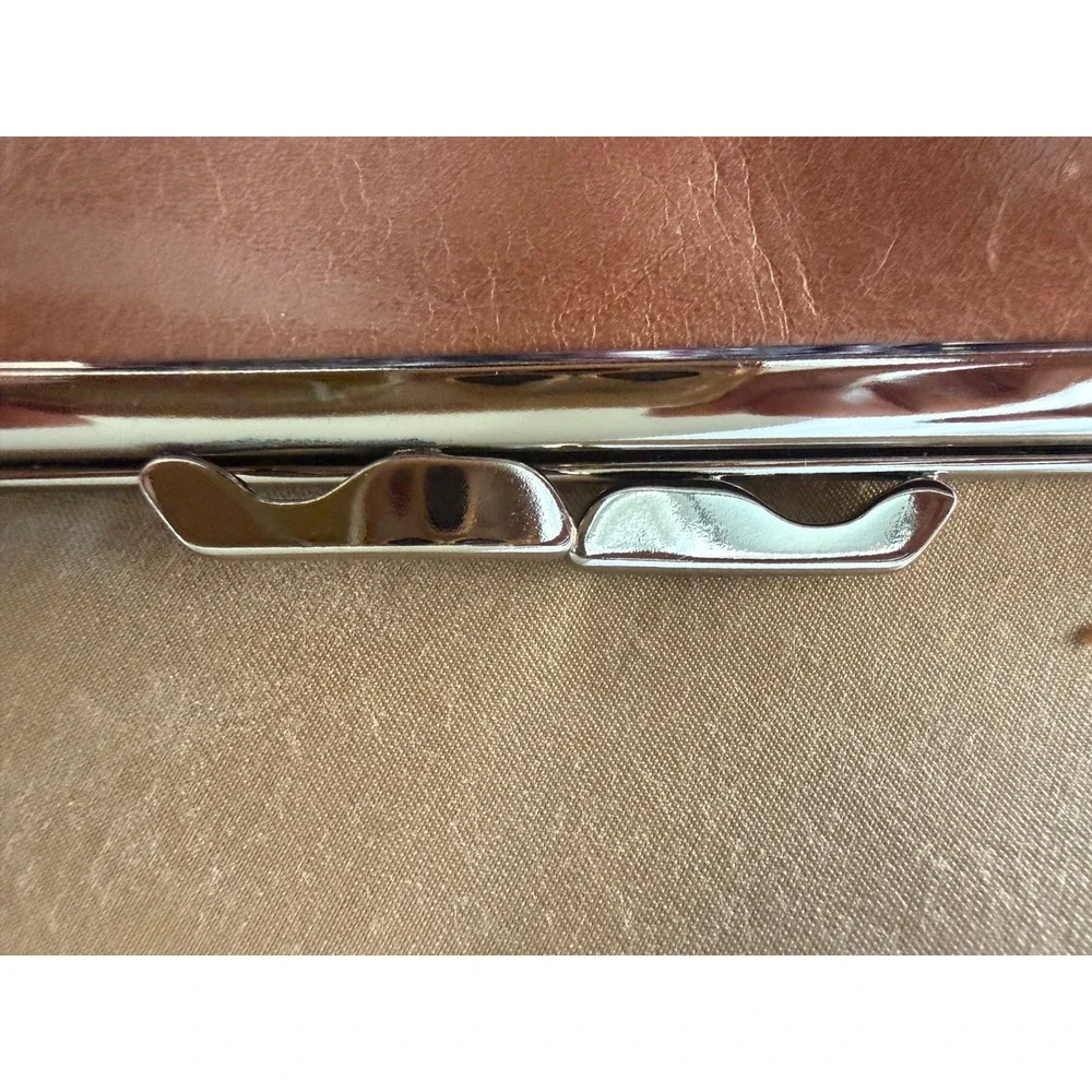 Abas Tan Leather Frame Wallet Kiss Lock Clutch Silver Hardware Tan Brown